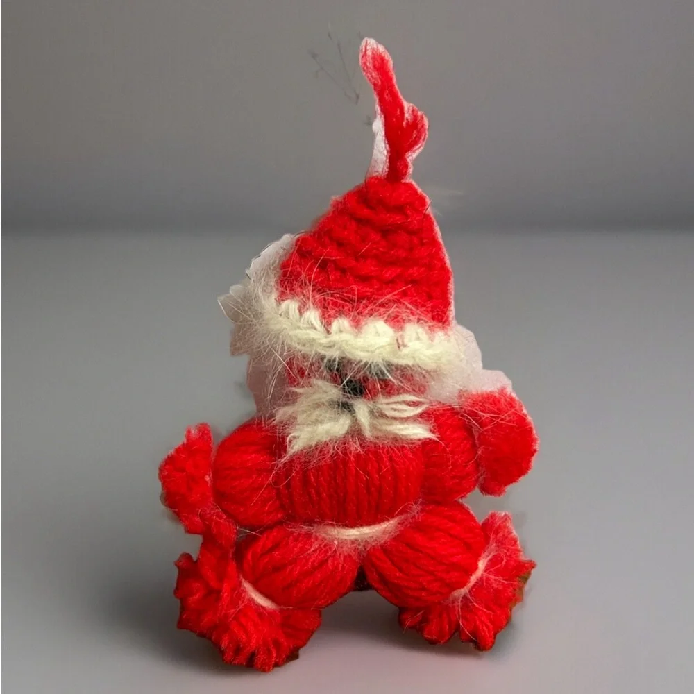 Vintage MCM Handmade Yarn Santa Claus Knitted Hat Red White 4” Plush ornament